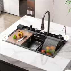 31.5 in. Drop-in Single Bowl Black 304 Stainless Steel Kitchen Sink Flying Rain Waterfall, Pull-Down Faucet Kitchen Set $160