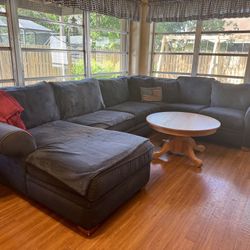 3 Piece navy blue sectional sofa (oak round table also available for sale separately)