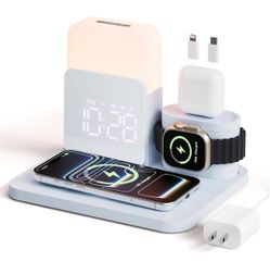 7 in 1 Wireless Charging Station, 25W Charger with Alarm Clock Night Light Bedside charging stand compatible with iPhone 17/16/15/14/13/12 Pro Max, Ap