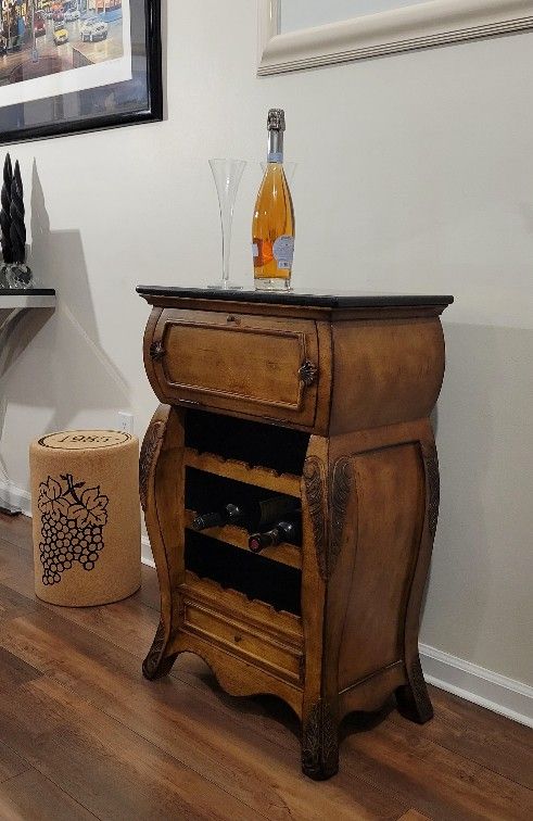 Vintage Solid Wood Marble Top Bar Cabinet