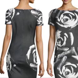 NWT Neiman Marcus Rose-Print Short-Sleeve Sheath Dress, Black Rose