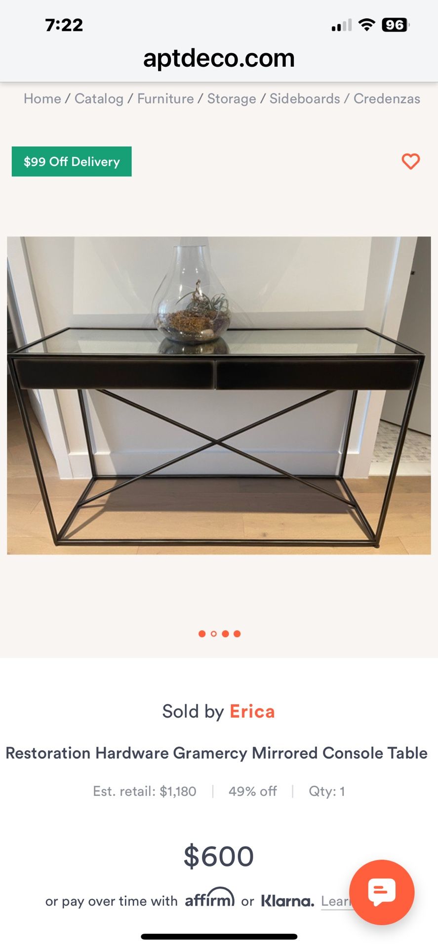 RESTORATION HARDWARE GRAMERCY COLLECTION CONSOLE TABLE 56”