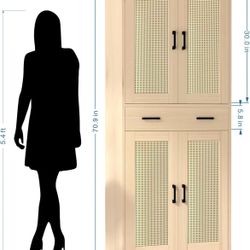 π₯¨71" Tall Oak & Rattan Kitchen Pantry Cabinet, Boho Chic Kitchen Storage with Doors & Drawer for Dining Room, Hallway or Kitchen Organization
