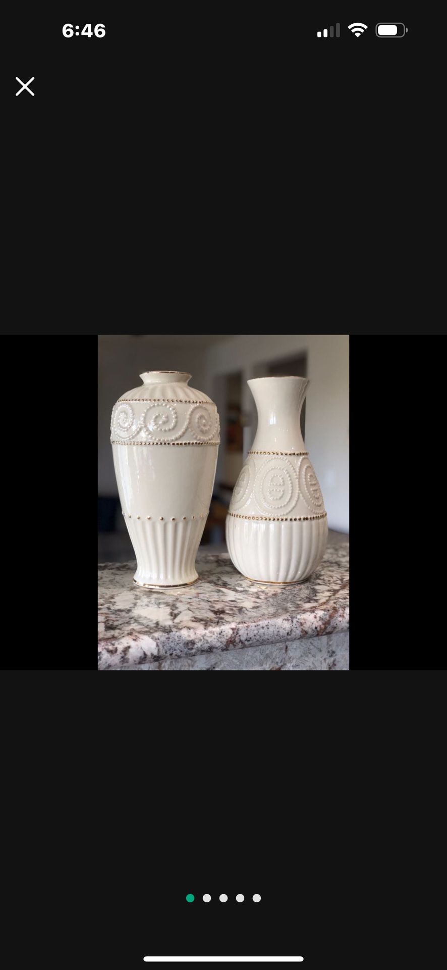 2 Ivory porcelain vases with gold trim,