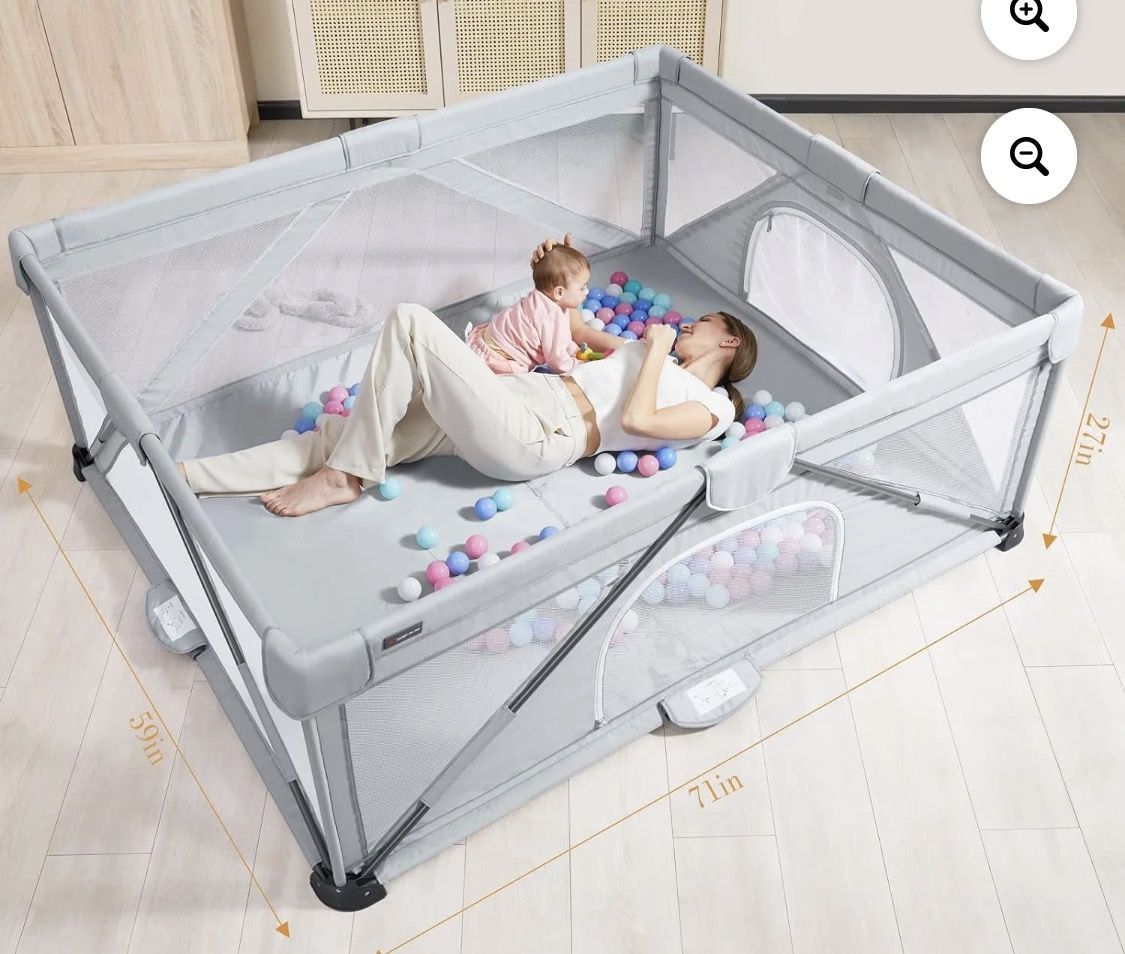 Angelbliss- Foldable Baby Playpen for Toddlers, Indoor & Outdoor Activity Center, Portable Play Yard with 2 Handlers+50 Balls (71"×59",Grey)