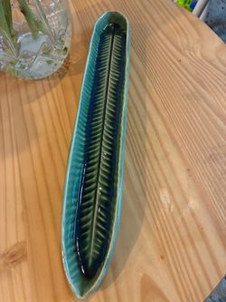 Green Glazed Ceramic Leaf Dish | Long Decorative Pottery Tray