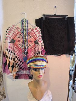 MARDI GRA   SHIRT& BL SKIRT SIZE LG. HAT IS X-tra
