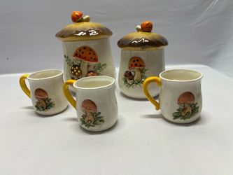 Retro Mushroom Ceramic Kitchen Set – 2 Canisters & 3 Mugs