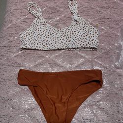 Womens Medium Bikini Swimsuit Orange White Polka Dot 