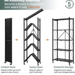 DEANIC Foldable Storage Shelves on Wheels, 5 Tier Shelves for Storage, Heavy Duty Metal Shelving Units, No Assembly Storage Rack for Garage, Kitchen, 