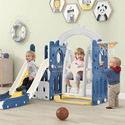 62” Blue Freestanding Toddler Slide & Swing Set - 5 in 1 Playground Climber Playset with Basketball Hoop [NEW] **Assembly Req** 