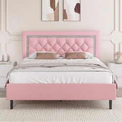 Full Size Bed Frame with Tufted Button Headboard, Upholstered Platform Bed Frame with Diamond Design, Wood Slat Support, No Box Spring Needed, Easy As