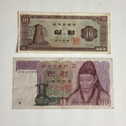 Korea 1,000 Won And 10 Won Notes / Old Bills - Old Money