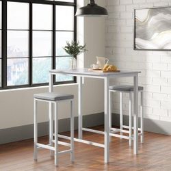 NEW IN BOX White Bar Height Dining Table Set  3-Piece Pub Counter Height Tall Kitchen Table Set 2 Cushioned Stools, Faux Marble Breakfast Noo