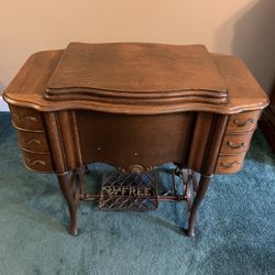 Antique “The Free” Oak Treadle 6 Drawer Sewing machine Cabinet With Cast Iron base