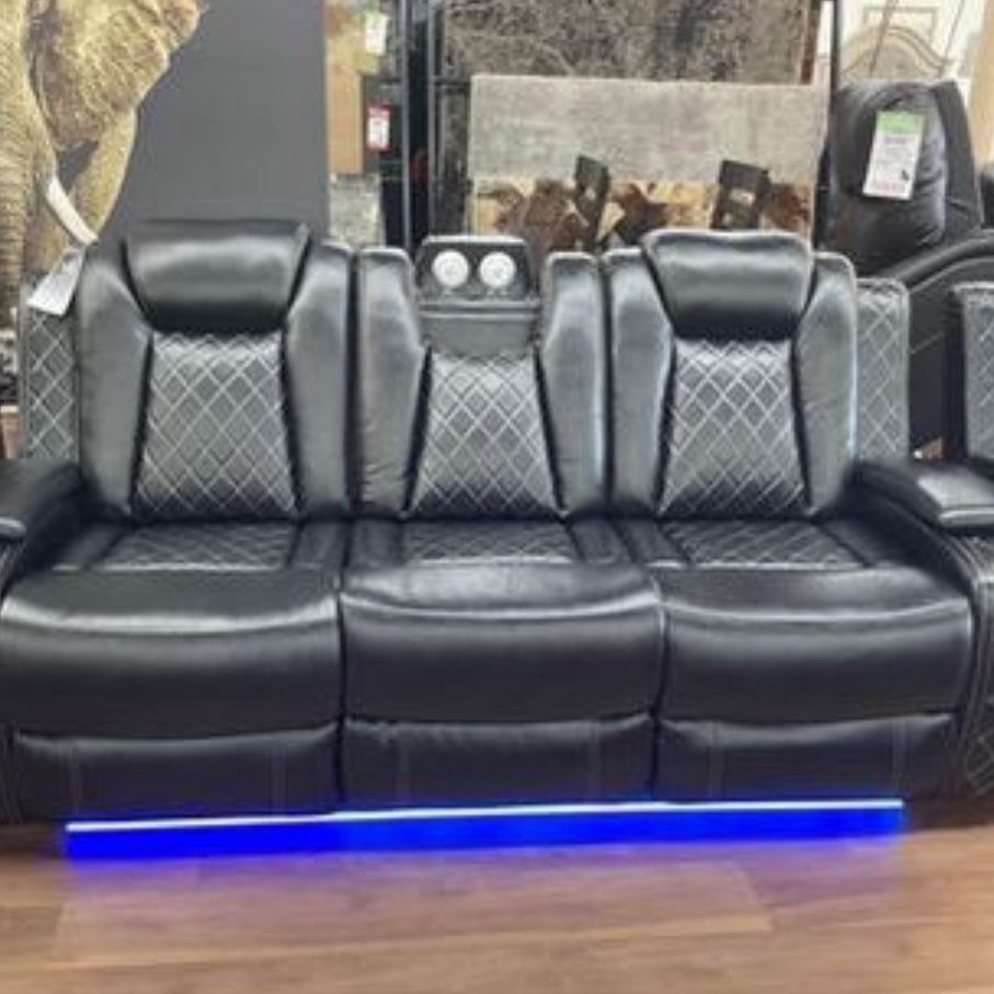 Ashley Brand Black Reclining Sofa Couch With LED Lights 