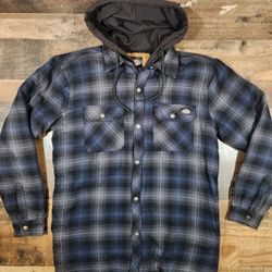 Dickies Mens Flannel Hoodie Jacket Mens Medium Black Blue Plaid 
