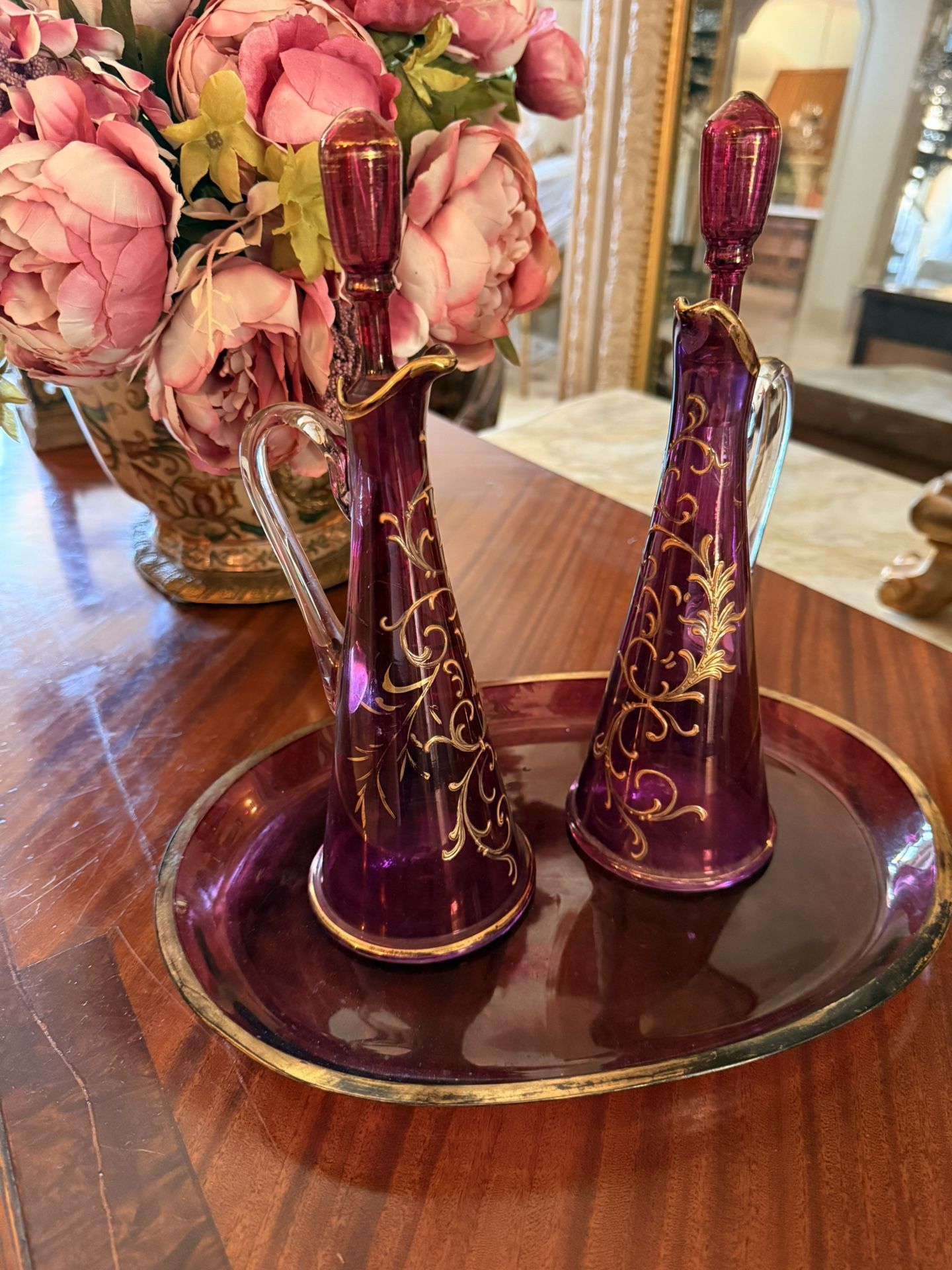 Antique European Blown Cranberry Pair Decanters On Glass Tray