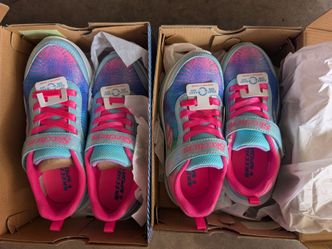 USA size- 2 And Size -12-Girls Sneakers Skechers turquoise multicolor paid $45each Brand New Hi
