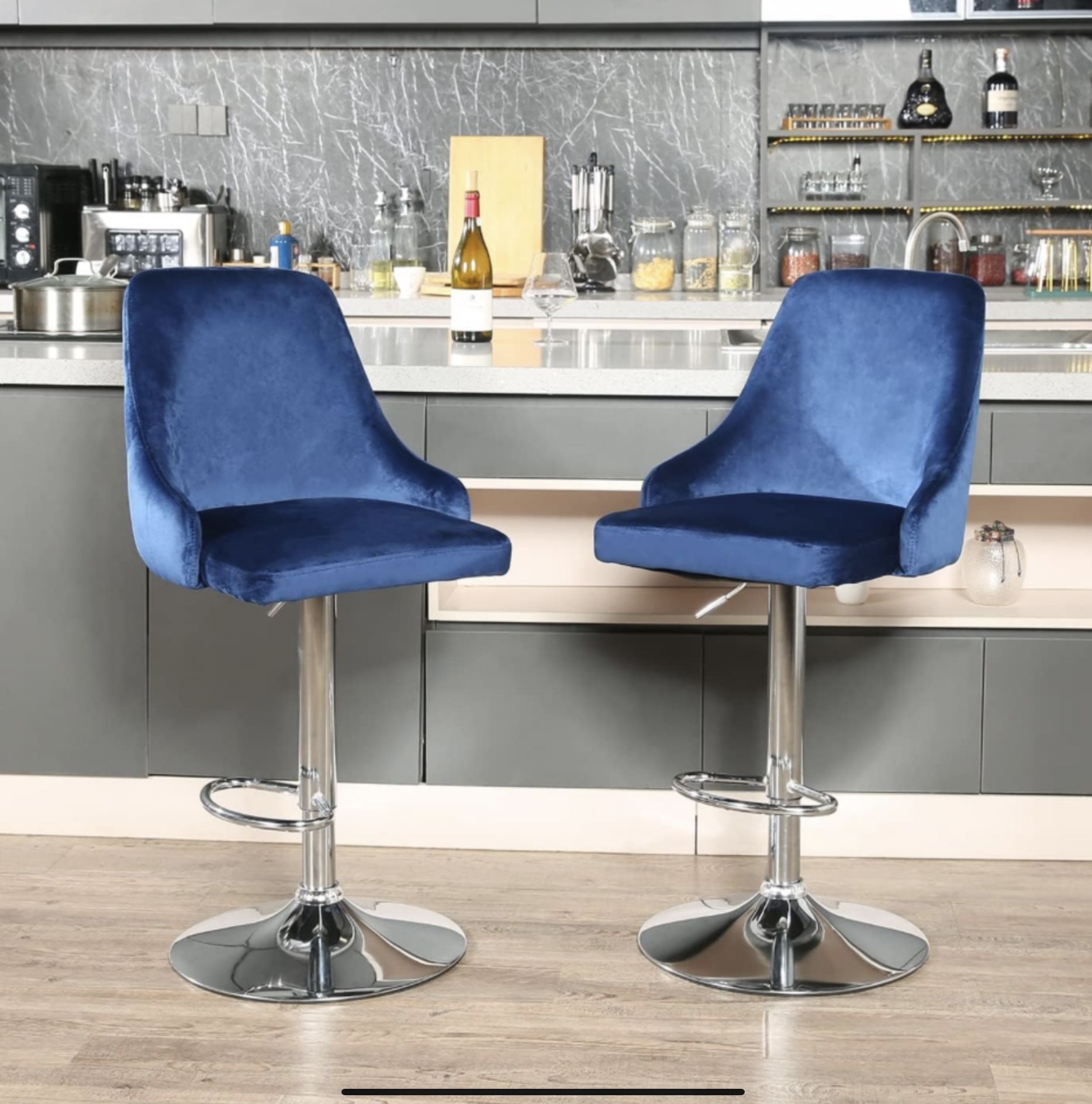 Swivel Bar Stools (Set of 2) – Adjustable, Velvet, Royal Blue, Chrome Base (Orig $240)