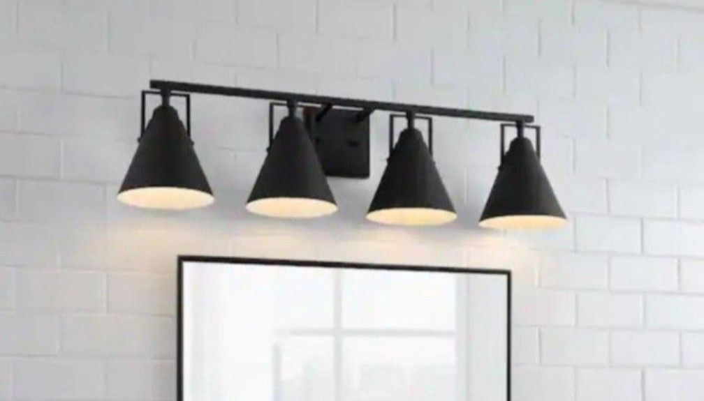 Home Decorators Collection
Insdale 4-Light Matte Black Modern Industrial Bathroom Vanity Light with Black Metal Shades
