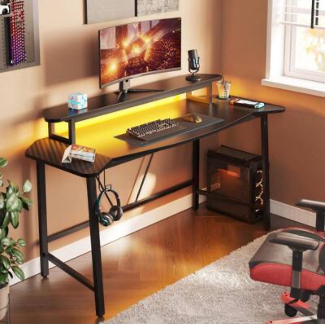 63inch Computer Desk with LED Lights and Monitor Stand Gaming Desk - Black and Red