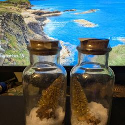 Set of 2 Winter Bottle Jar Decor – Golden Tree Mini Snow Scene