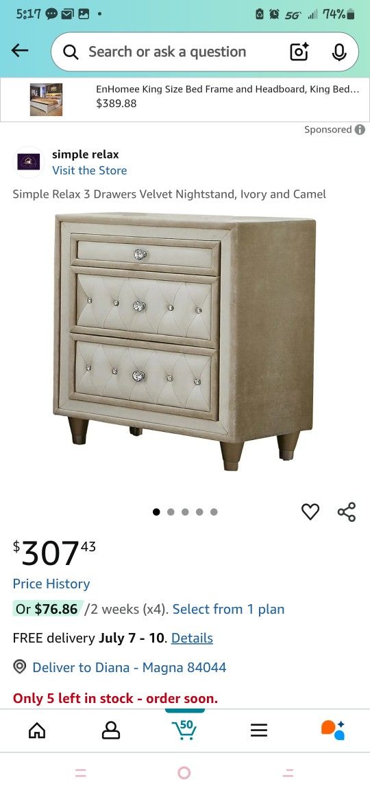 Velvet 3 Drawer Night Stand