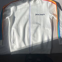 Palm Angels Track Suit Top, White, Rainbow Sleeves