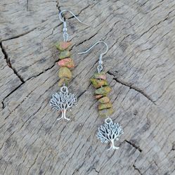 Unakite Crystal Tree Of Life Dangle Earrings 