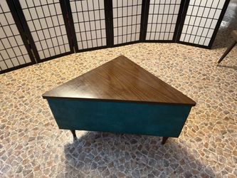 Vintage Mid-Century Style Triangle Corner Table – Turquoise & Walnut