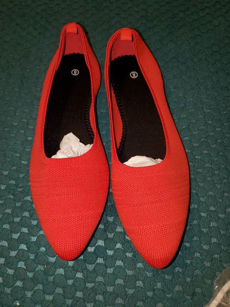 Women's Memory Foam Pointed Toe Ballet Flats Red Sz 9
