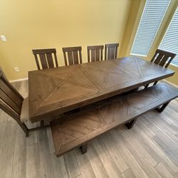 Large Wooden Dining Table With Bench And Chairs