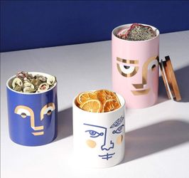 Ceramic Canisters Set of 3 Face Pattern, Brand New (7"H x 4"W)