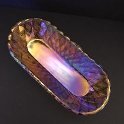 Vintage Carnival Rainbow Glass Basketweave Pattern Rectangular Candy/Relish Dish