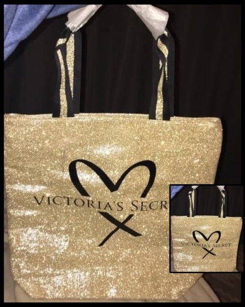 NEW VICTORIA'S SECRET LOGO LARGE BLACK GOLD GLITTER BLING HEART TOTE DUFFLE BAG PURSE