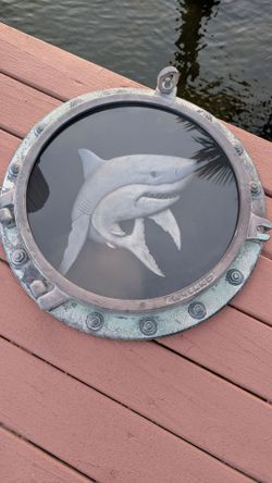 Rare Vintage Wyland Shark Porthole Cold cast 24" back has water damage sold as -is