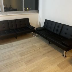 modern Black Faux Leather Futon Set