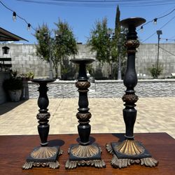 Set of 3 Vintage-Style Metal Candle Holders – Ornate Bronze & Black Finish