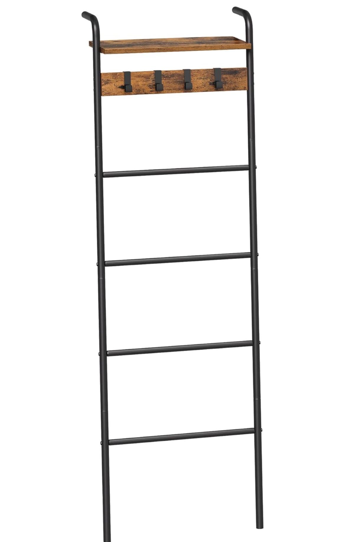 VASAGLE Blanket Ladder Shelf, Blanket Holder Rack for Living Room, Decorative Ladder with Removable Hooks, Top Storage Shelf, Metal Frame #1290