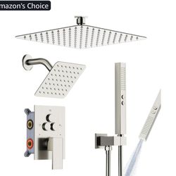 Shower Faucet Set Shower System - EMBATHER Brushed Nickel Push Button Diverter Dual Shower Faucet Valve Kit with Rain Ceiling Mount 10 Inch Shower Hea
