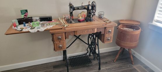 Antique White Rotary Treadle Sewing Machine & Sewing Barrel