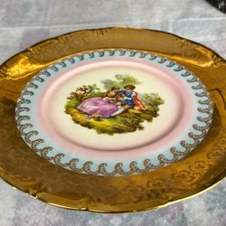 Vintage Fragonard Style Romantic Couple Porcelain Cabinet Plate Heavy Gold Gilt 