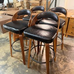 30" Swivel Bar Stools Set of 4 Counter Height Bar Stools for Kitchen Island, Black Barstools Upholstered Faux Leather & Solid Wood Legs