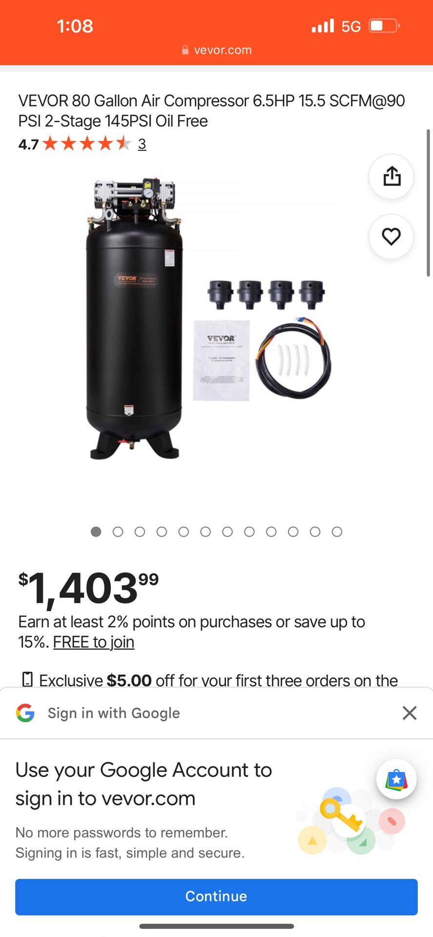 Vevor 80 gallon air compressor