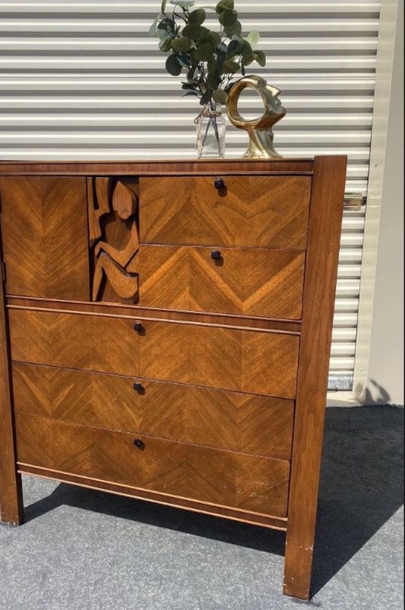 Mid Century Tiki Brutalist Tall Boy Dresser