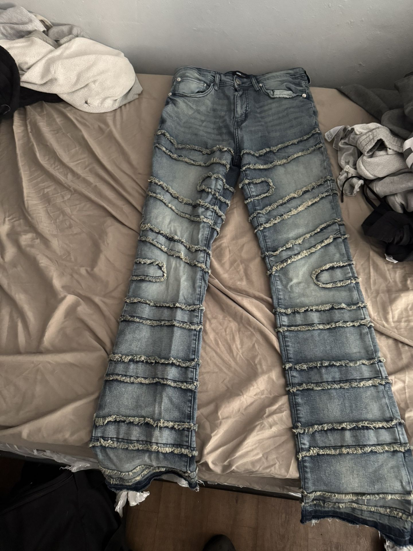 Blue Stacked Jeans For Sale