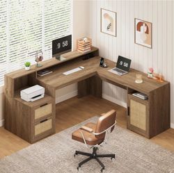 Brown Farmhouse L Shaped Desk with Drawers