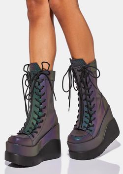 Demonia Reflective Deep Void Iridescent Platform Lace-Up Mid-Calf Boots Size 8