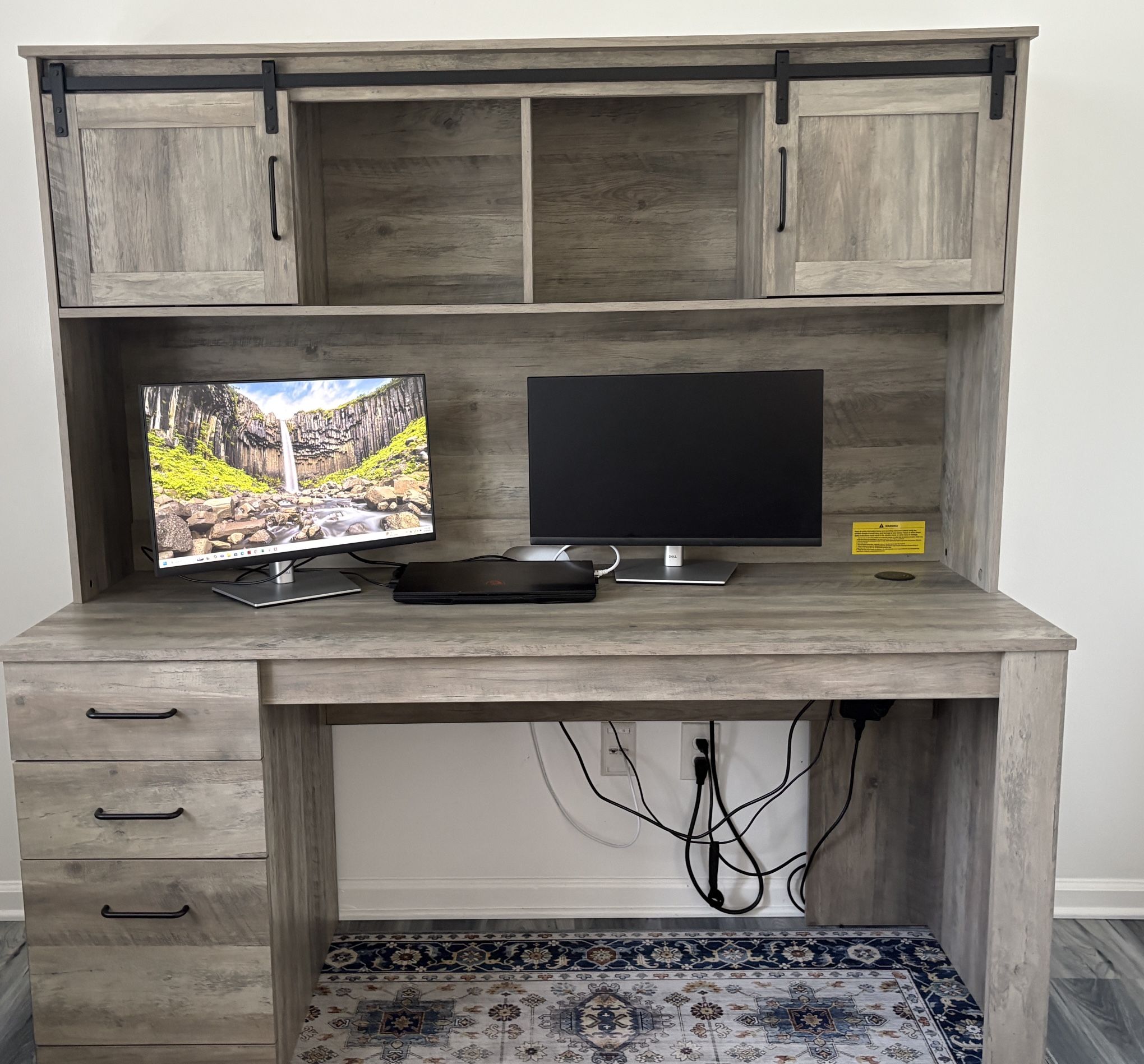 Realspace Peakwood 65inW Computer Desk Hutch ,Wireless Charging, Matching File Cabinet-OBO